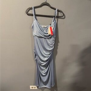 Popilush Metallic Cowl Neck Side Ruched Sculpting Tummy Control Midi Dress Blue